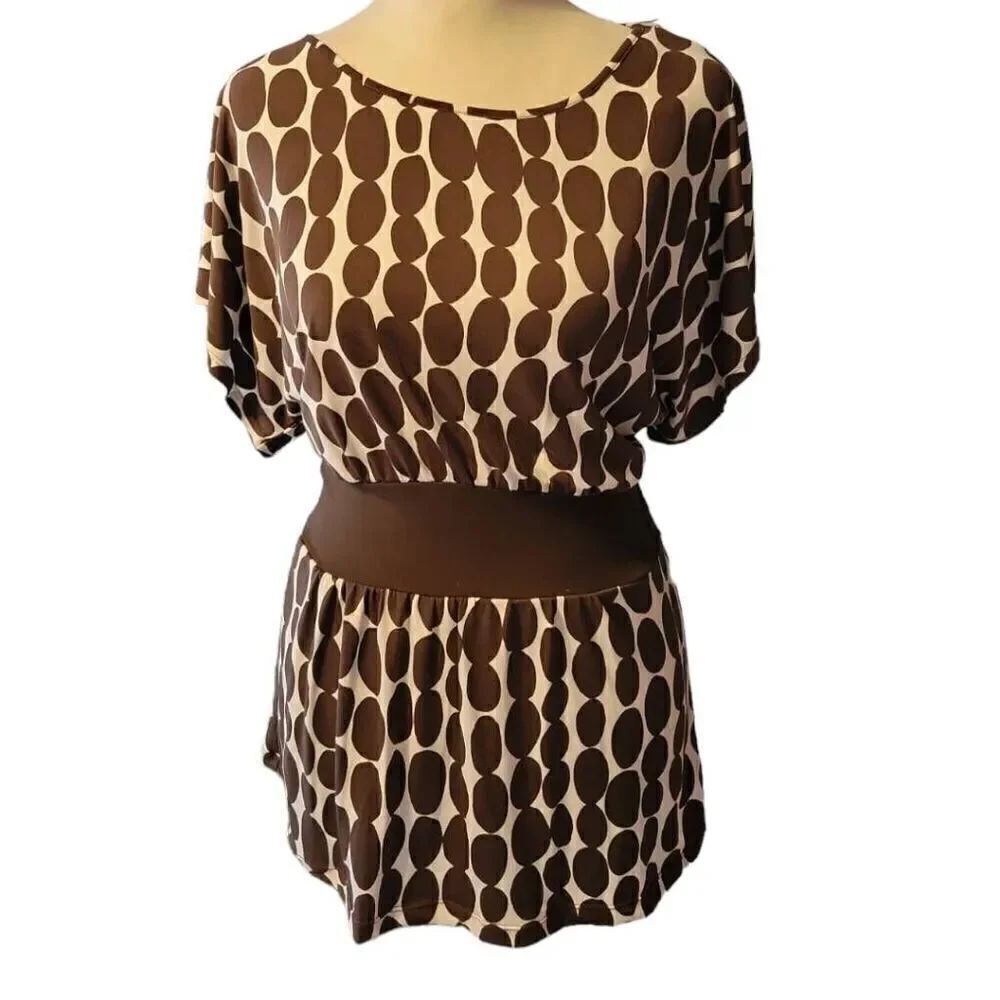 SPEECHLESS Women's (Sz M) Brown/white Blouse Short Sleeve waist Tie Round waist